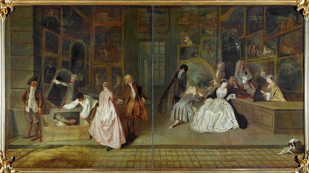 Antoine Watteau – L’enseigne de Gersaint (1720) Destiné à servir d’enseigne publicitaire au marchand de tableau Gersaint, ce chef d’œuvre de Watteau constitue un document inestimable sur la vie parisienne sous la Régence. Il préfigure l’esprit des Lumières et annonce par sa facture la peinture de la vie moderne de la génération impressionniste. Une conférence de Anne Muller.