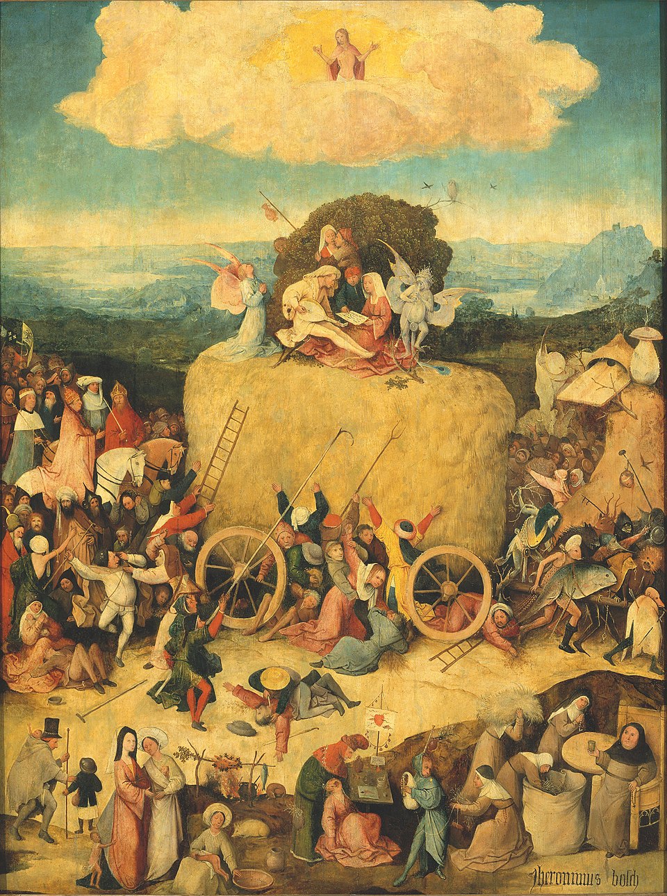 Jérôme Bosch (v.1450 – 1516) Le chariot de foin. Dans cette allégorie fantasmagorique du destin de l’humanité, Bosch se fait l’interprète de la crise spirituelle qui s’empare de l’Europe à la fin du Moyen-âge. Il adresse à ses contemporains avides de richesses un avertissement qui reste d’actualité. Une conférence de Anne Muller.
